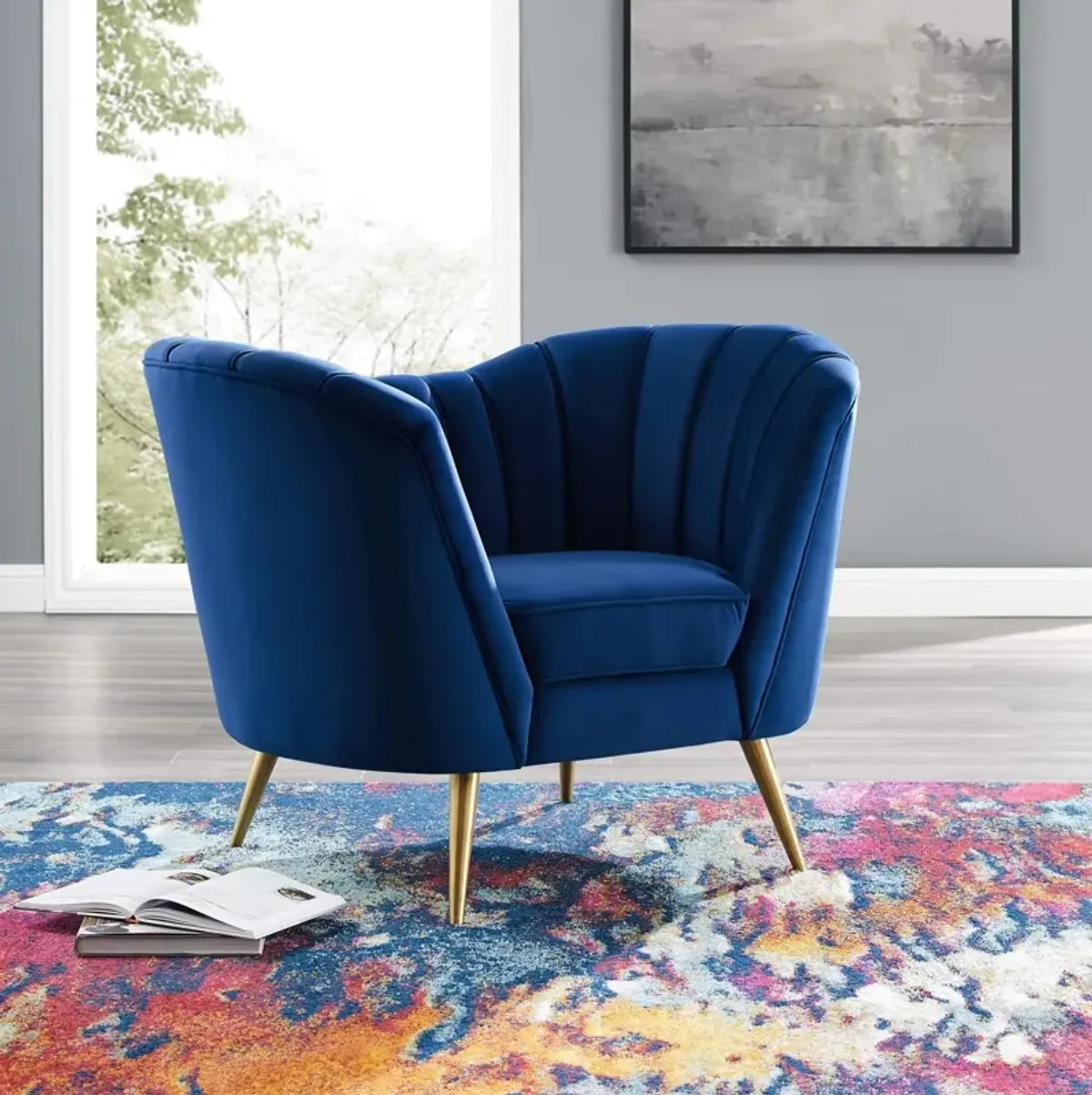 Modway Opportunity Channel Tufted Performance Velvet Accent Armchair in Navy