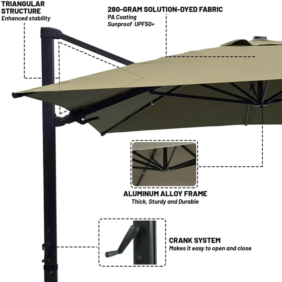 10x10 ft. 360°Rotation Square Cantilever Patio Umbrella with Bluetooth Speaker and LED Light in Taupe