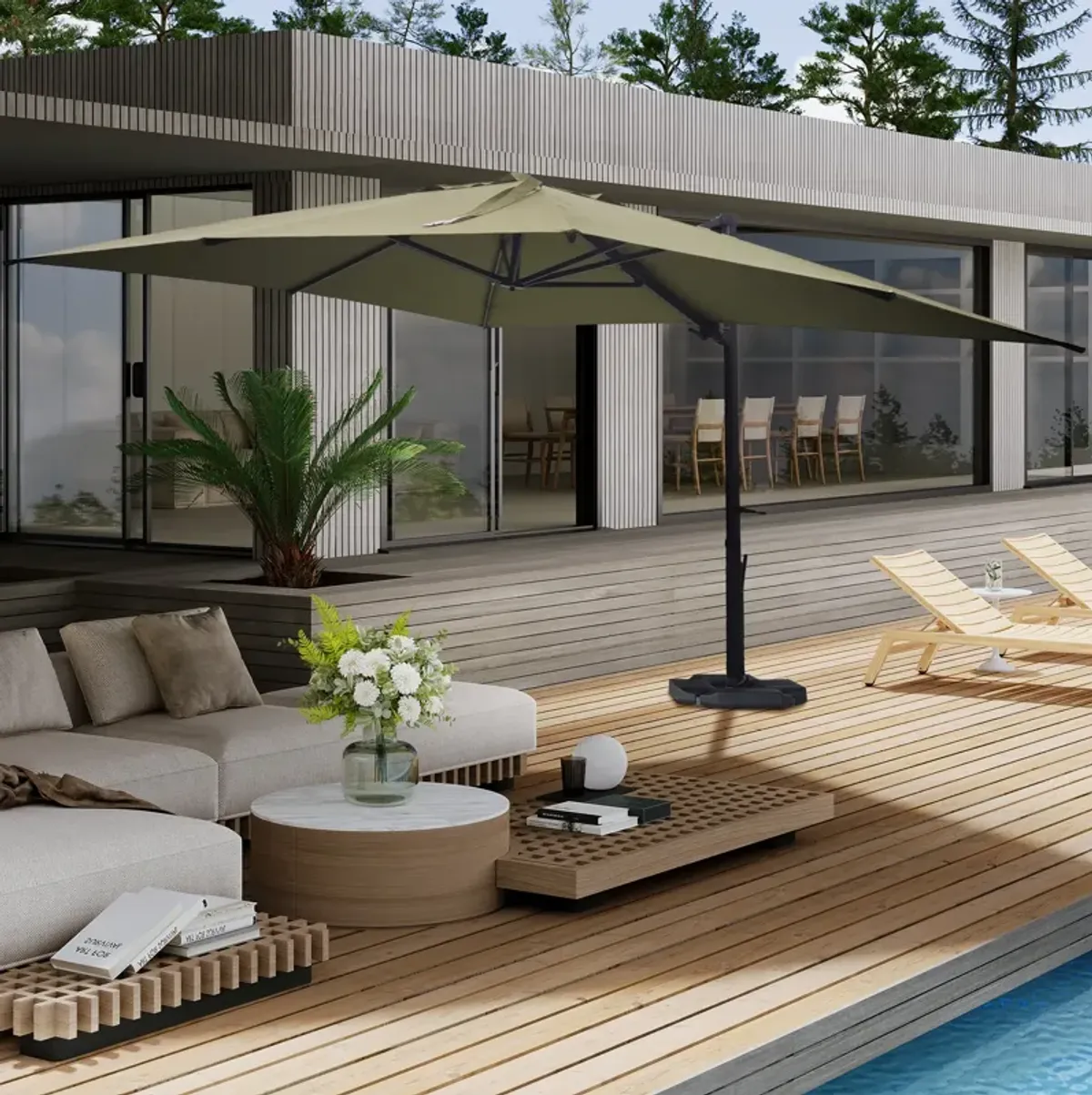 10x10 ft. 360°Rotation Square Cantilever Patio Umbrella with Bluetooth Speaker and LED Light in Taupe