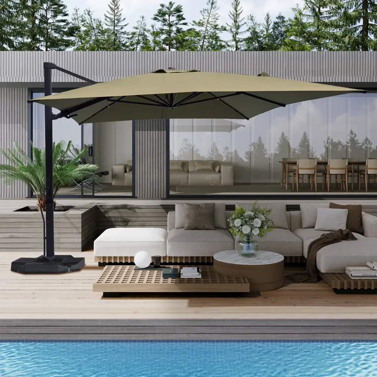 10x10 ft. 360°Rotation Square Cantilever Patio Umbrella with Bluetooth Speaker and LED Light in Taupe
