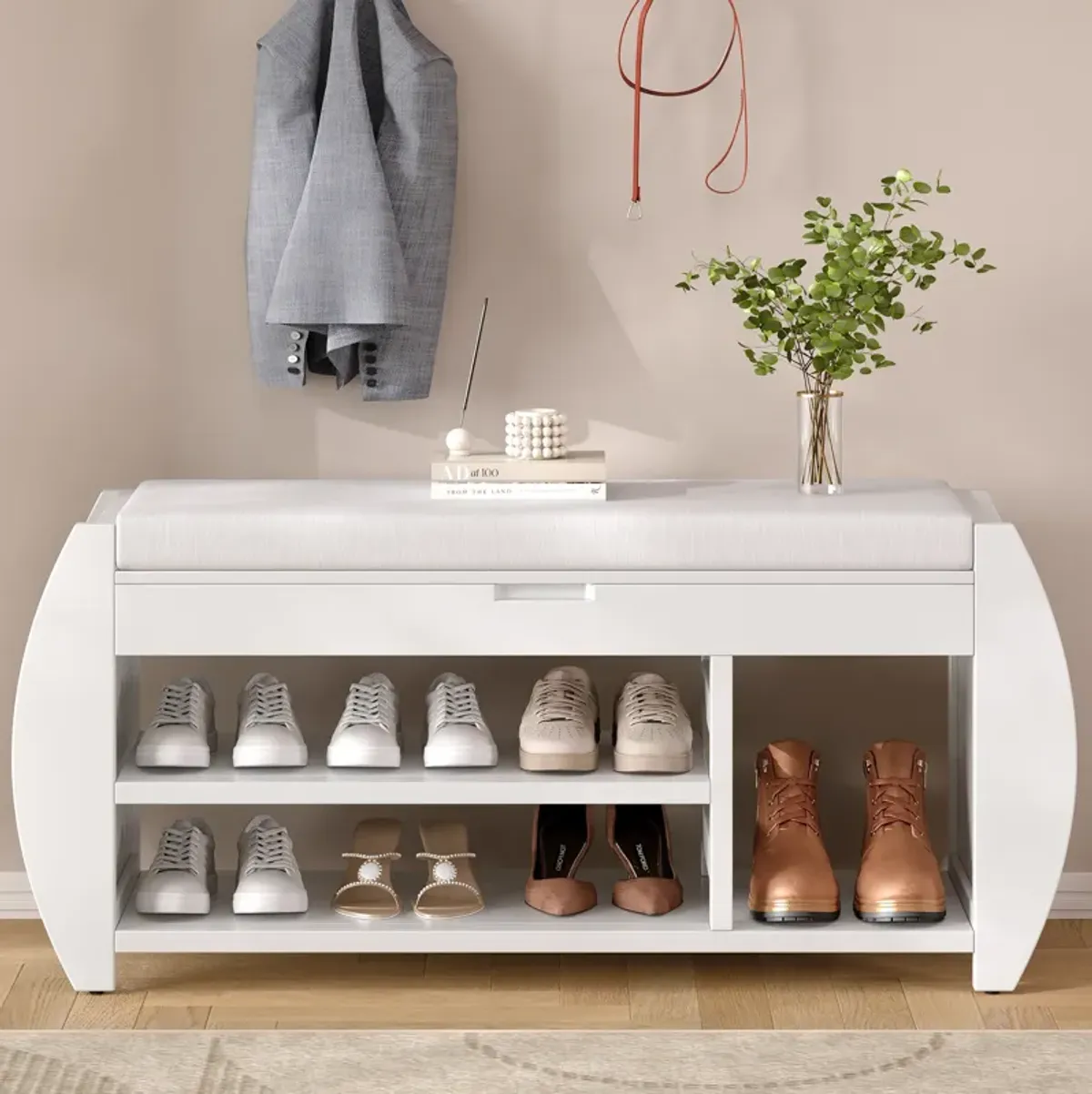 Clihome Shoe Storage Bench, Shoe Bench with Cushion and Curved Side, Shoe Bench Retro Multifunctional Panel for Entryway and Living room, Black