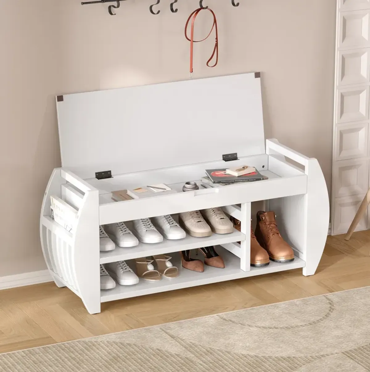 Clihome Shoe Storage Bench, Shoe Bench with Cushion and Curved Side, Shoe Bench Retro Multifunctional Panel for Entryway and Living room, Black