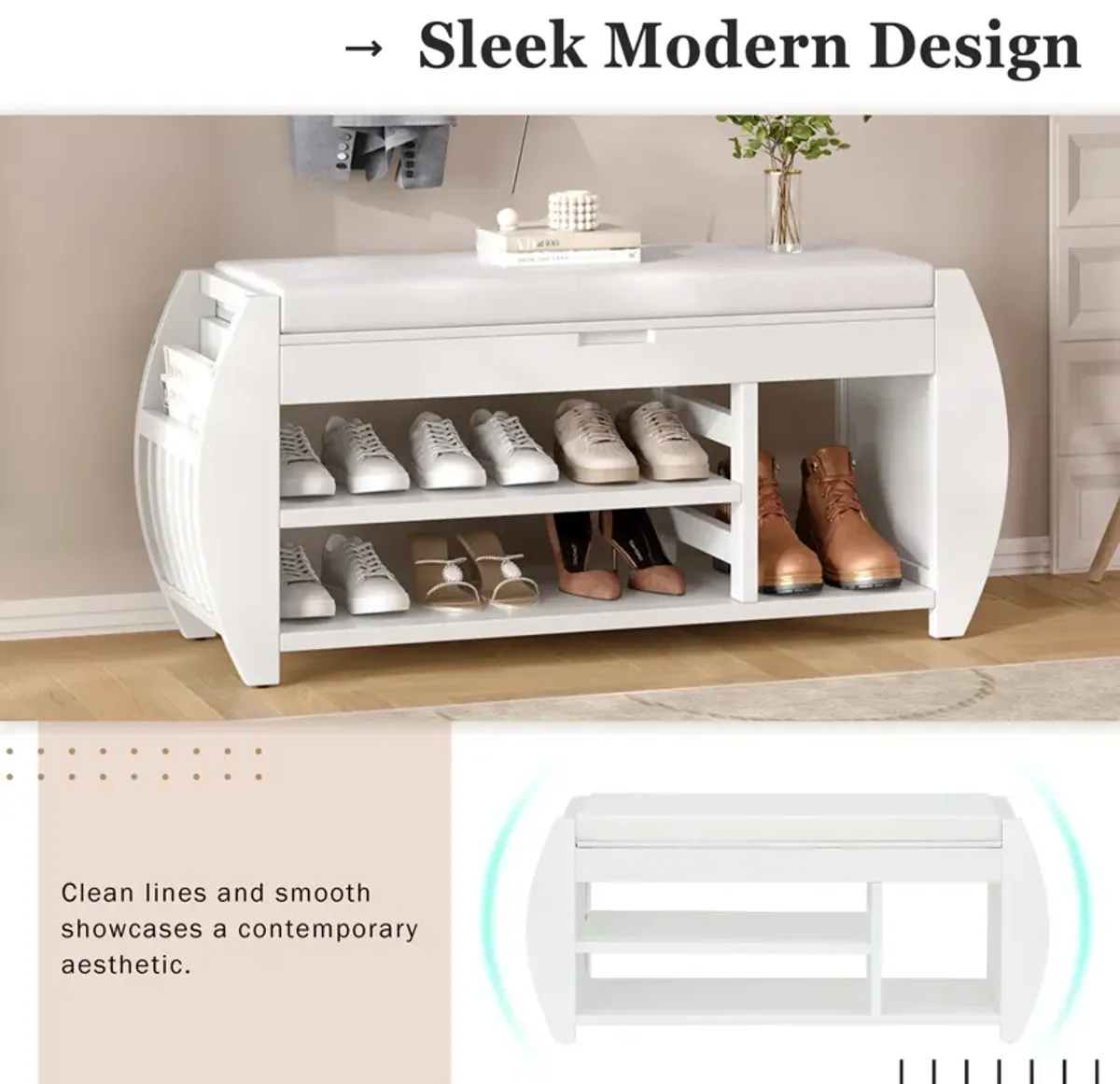 Clihome Shoe Storage Bench, Shoe Bench with Cushion and Curved Side, Shoe Bench Retro Multifunctional Panel for Entryway and Living room, Black