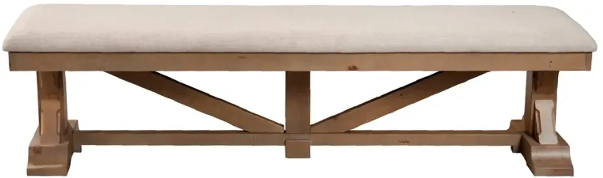 Tess 69 Inch Dining Accent Bench, Beige Fabric Cushion, Pine Wood, Brown-Benzara