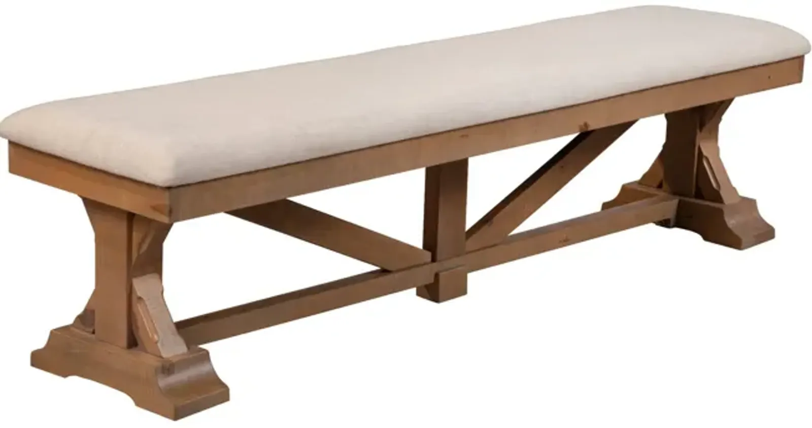 Tess 69 Inch Dining Accent Bench, Beige Fabric Cushion, Pine Wood, Brown-Benzara