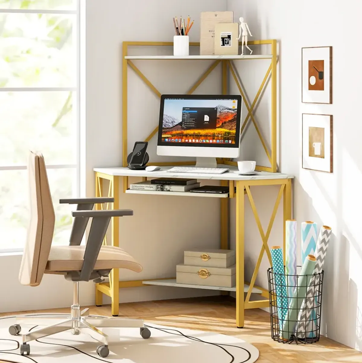 Space-Saving Corner Computer Desk with Hutch and Keyboard Tray for Home Office Organization