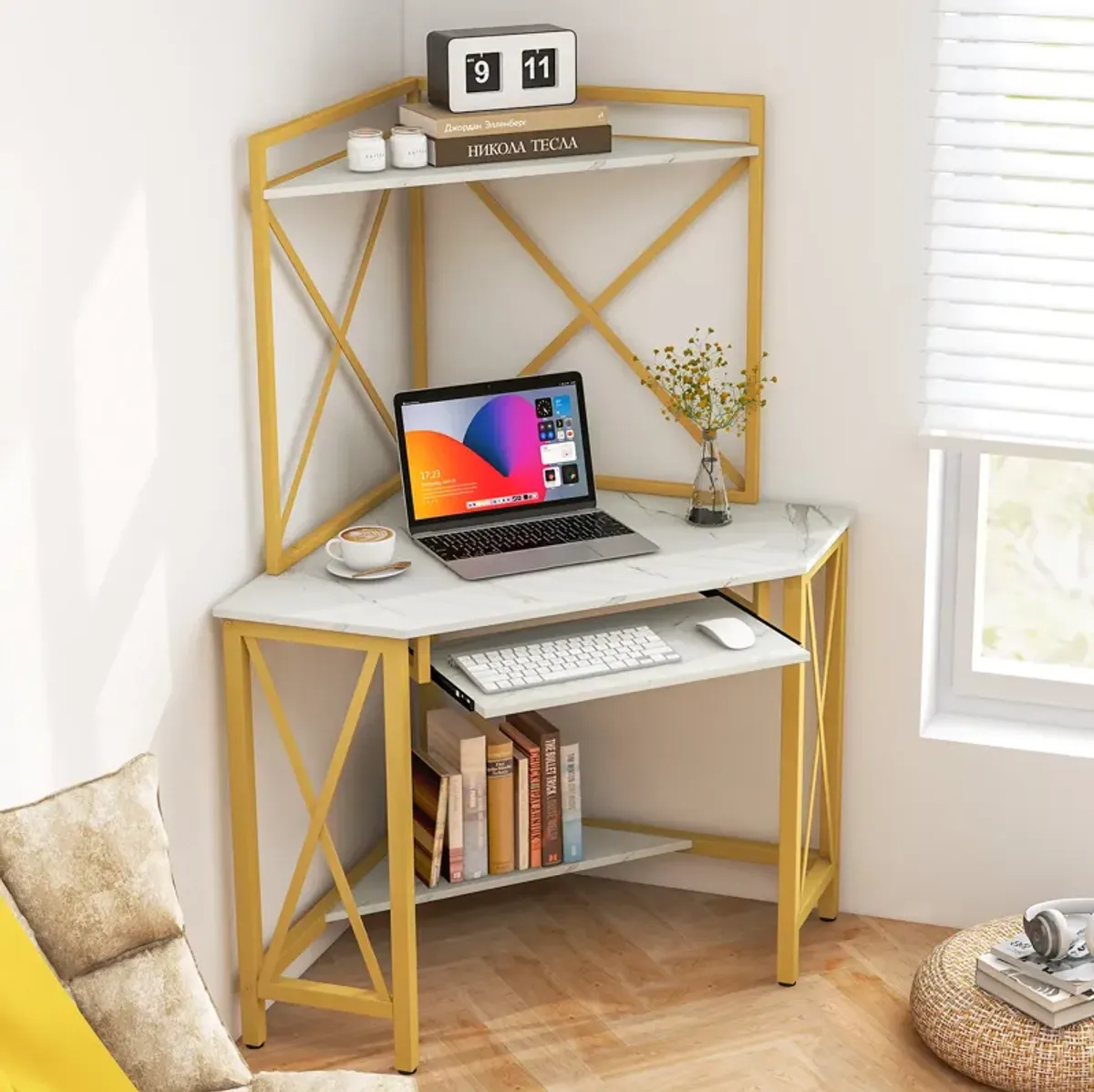 Space-Saving Corner Computer Desk with Hutch and Keyboard Tray for Home Office Organization