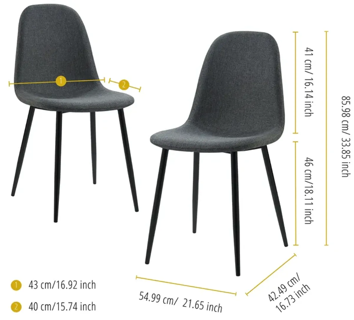 Teamson Home Minimalista Dining Chair with Metal Legs, Black/Gray (Set of 2)