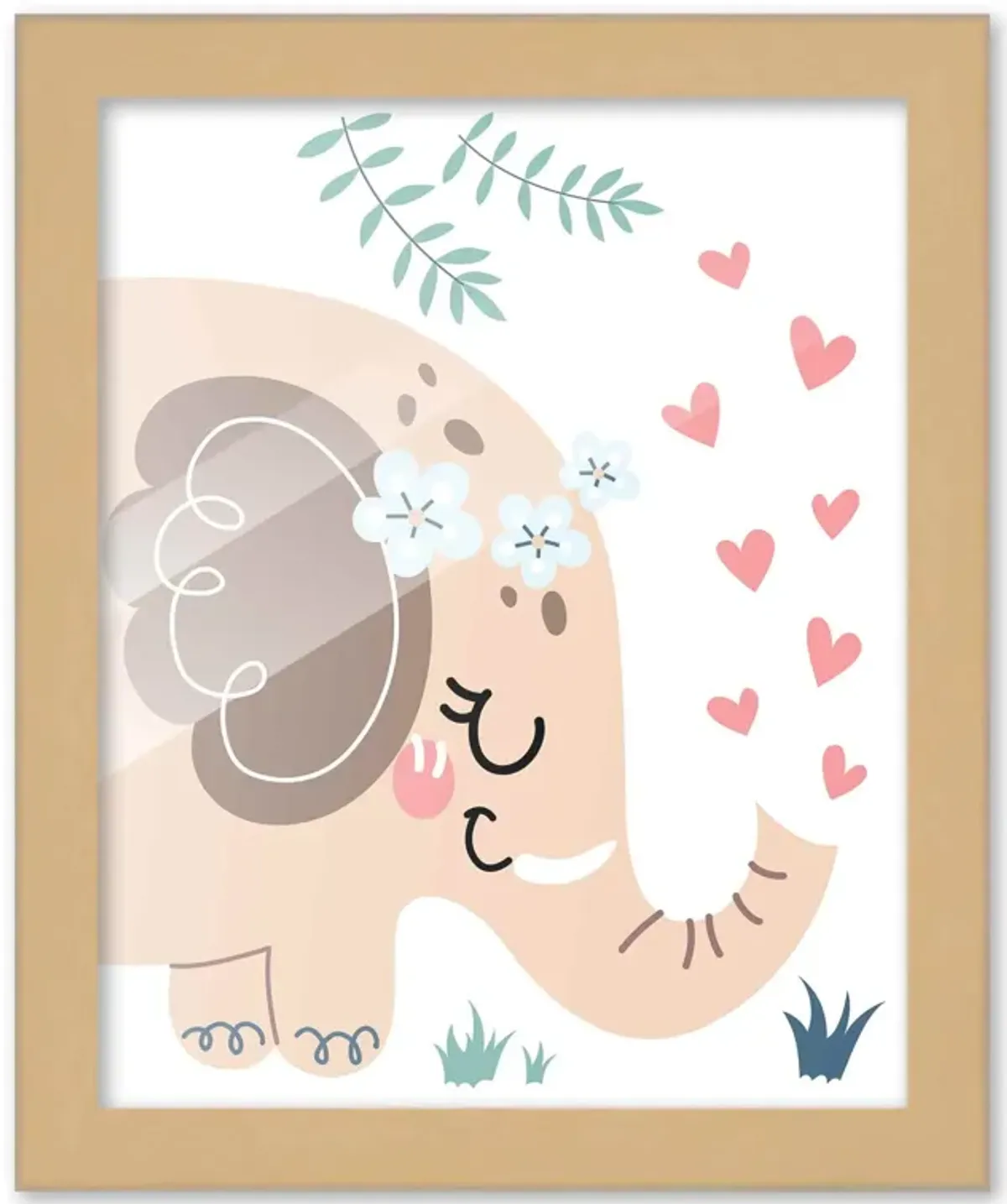 8x10 Framed Nursery Wall Art Boho Safari Elephant Poster In Natural Wood Frame For Kid Bedroom or Playroom