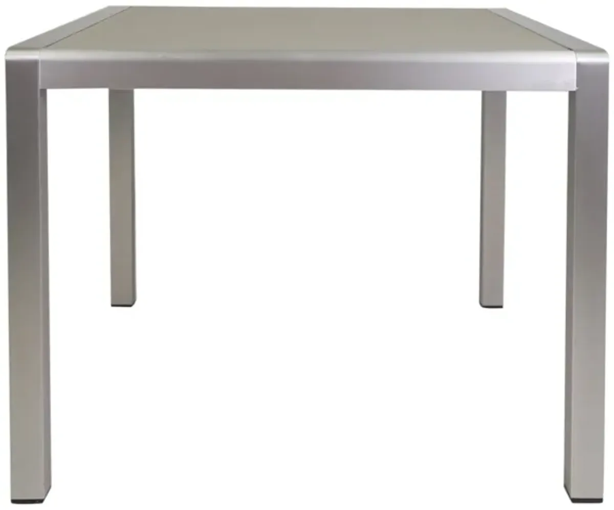 Kimi Outdoor Dining Table, Dark Gray Glass Top, Metal Frame, Square 35 Inch - Benzara