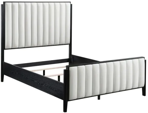 Jack Queen Size Bed, Channel Tufted Ivory Upholstery, Black Wood - Benzara
