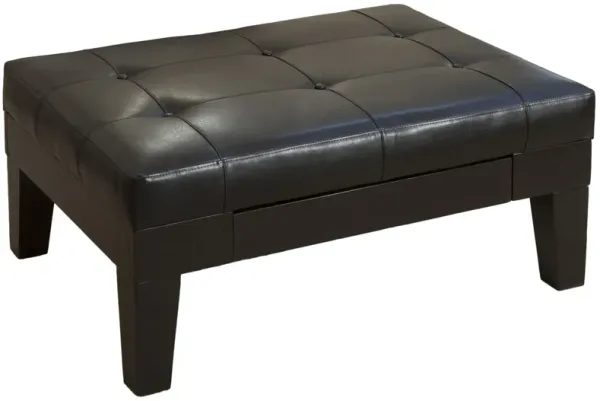 Olivia Ottoman Table, Drawer, Black Faux Leather, Black Wood, 41 Inch - Benzara