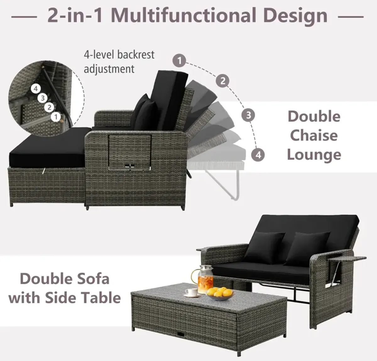 Wicker Loveseat Sofa with Multipurpose Ottoman and Retractable Side Tray