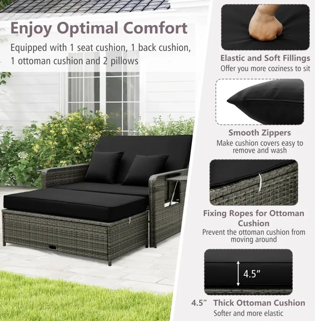 Wicker Loveseat Sofa with Multipurpose Ottoman and Retractable Side Tray