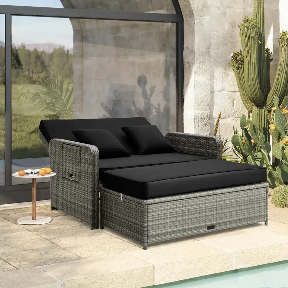 Wicker Loveseat Sofa with Multipurpose Ottoman and Retractable Side Tray