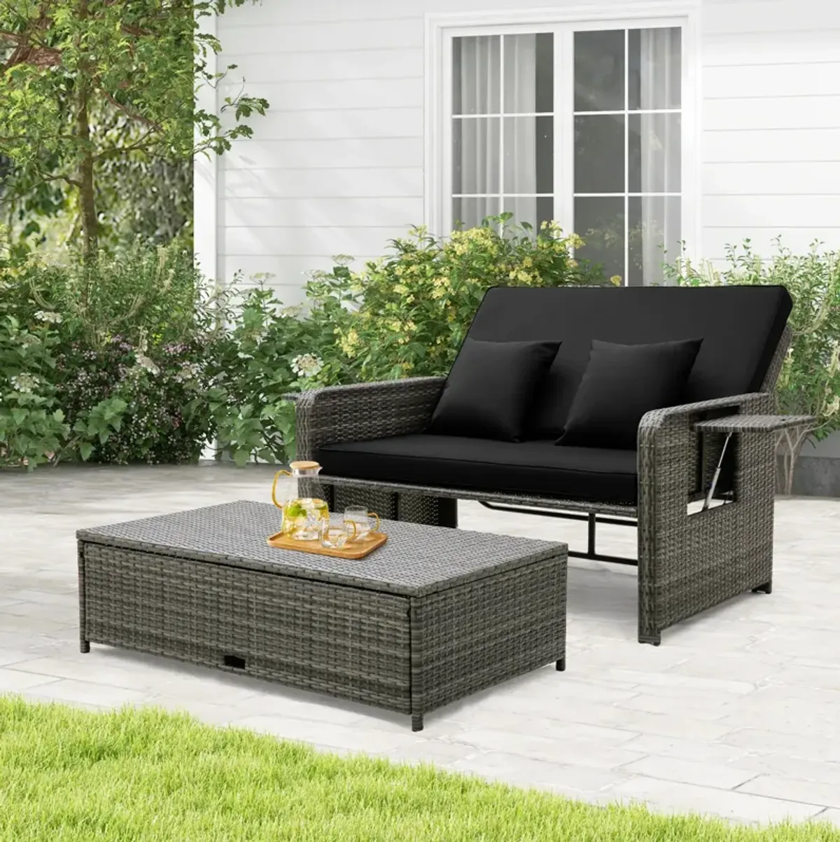 Wicker Loveseat Sofa with Multipurpose Ottoman and Retractable Side Tray