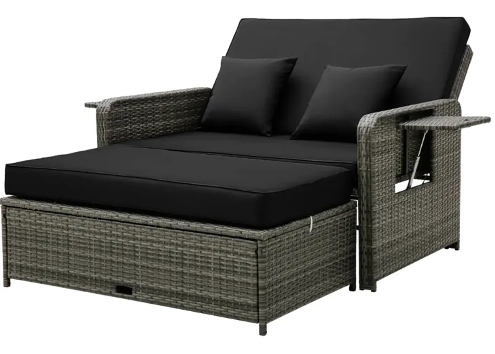 Wicker Loveseat Sofa with Multipurpose Ottoman and Retractable Side Tray