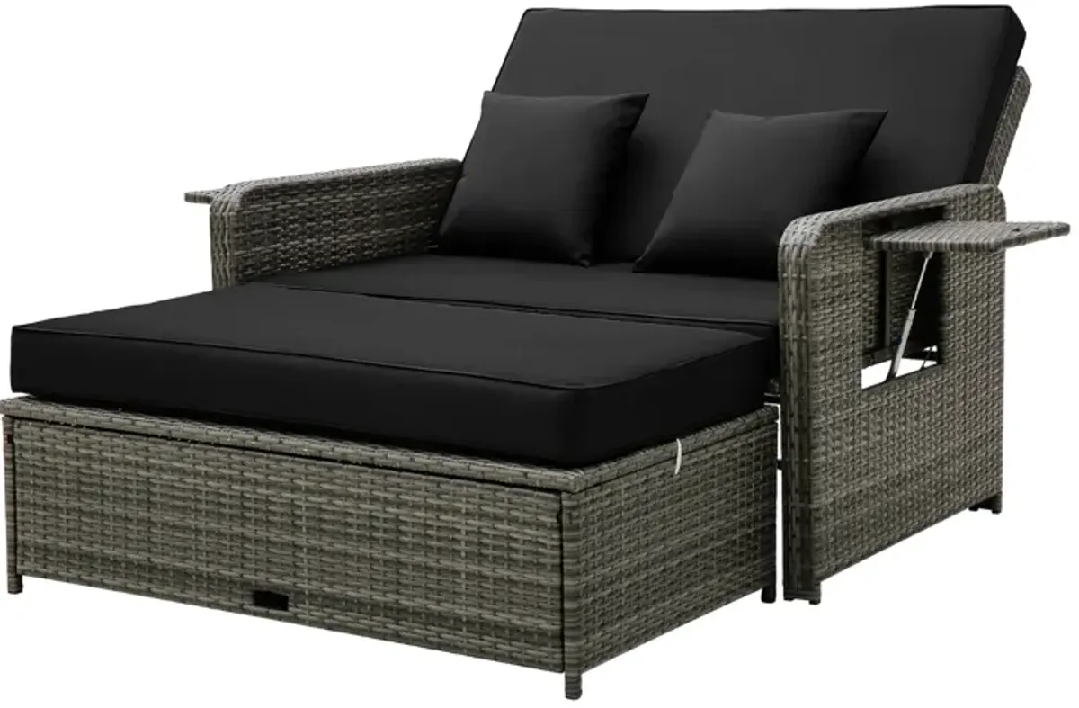 Wicker Loveseat Sofa with Multipurpose Ottoman and Retractable Side Tray