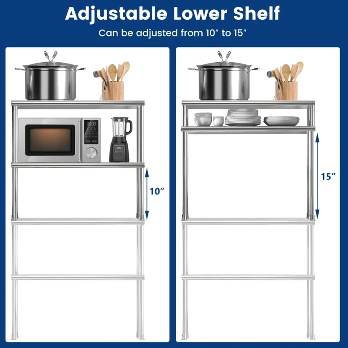 36 x 12 Inch Kitchen Stainless Steel Overshelf with Adjustable Lower Shelf