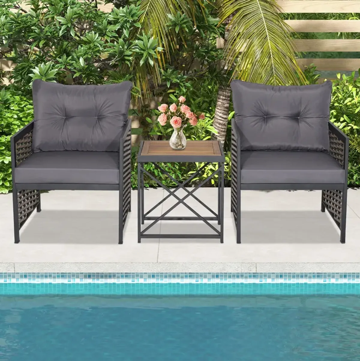 3 Piece Patio Rattan Furniture Set with Acacia Wood Tabletop