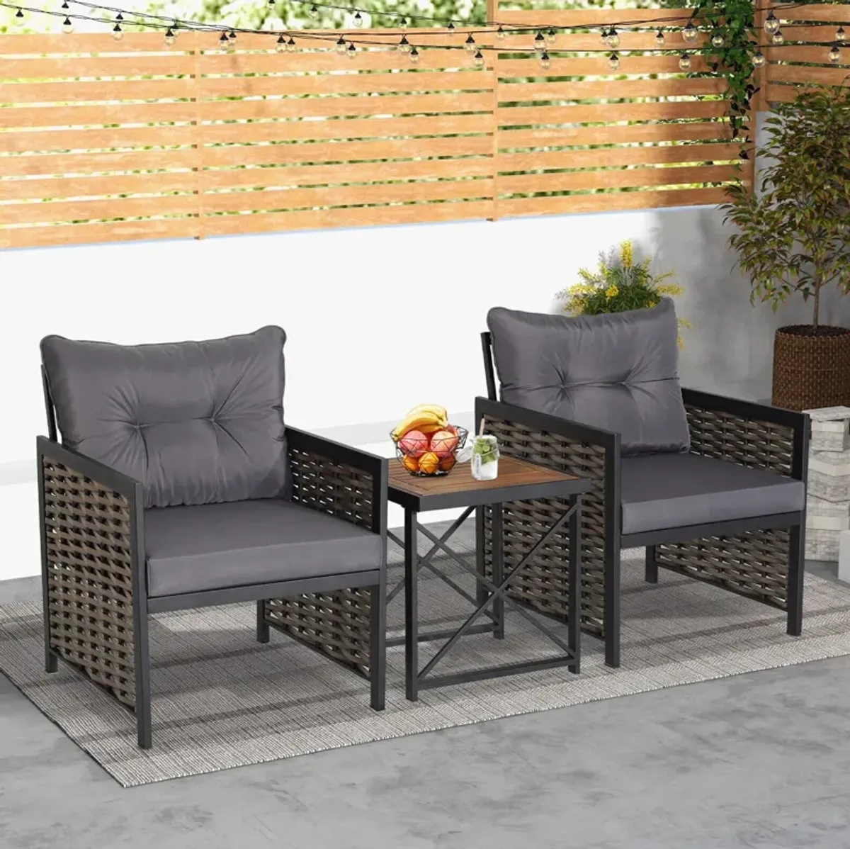 3 Piece Patio Rattan Furniture Set with Acacia Wood Tabletop