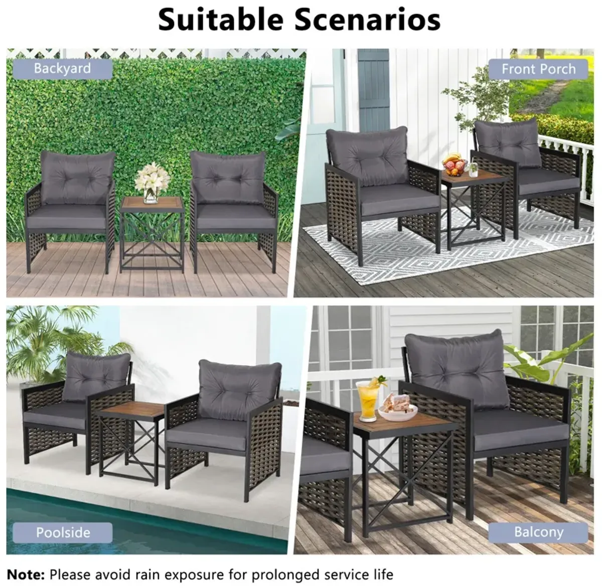 3 Piece Patio Rattan Furniture Set with Acacia Wood Tabletop