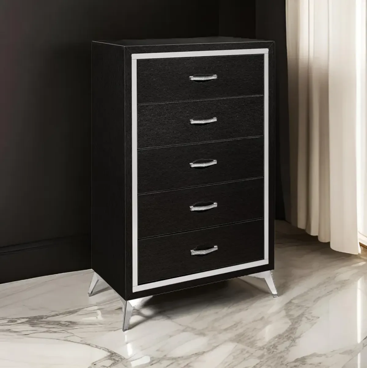 Sami 49 Inch Tall Dresser, 5 Drawers, Mirror Trim, Embossed Texture, Black - Benzara