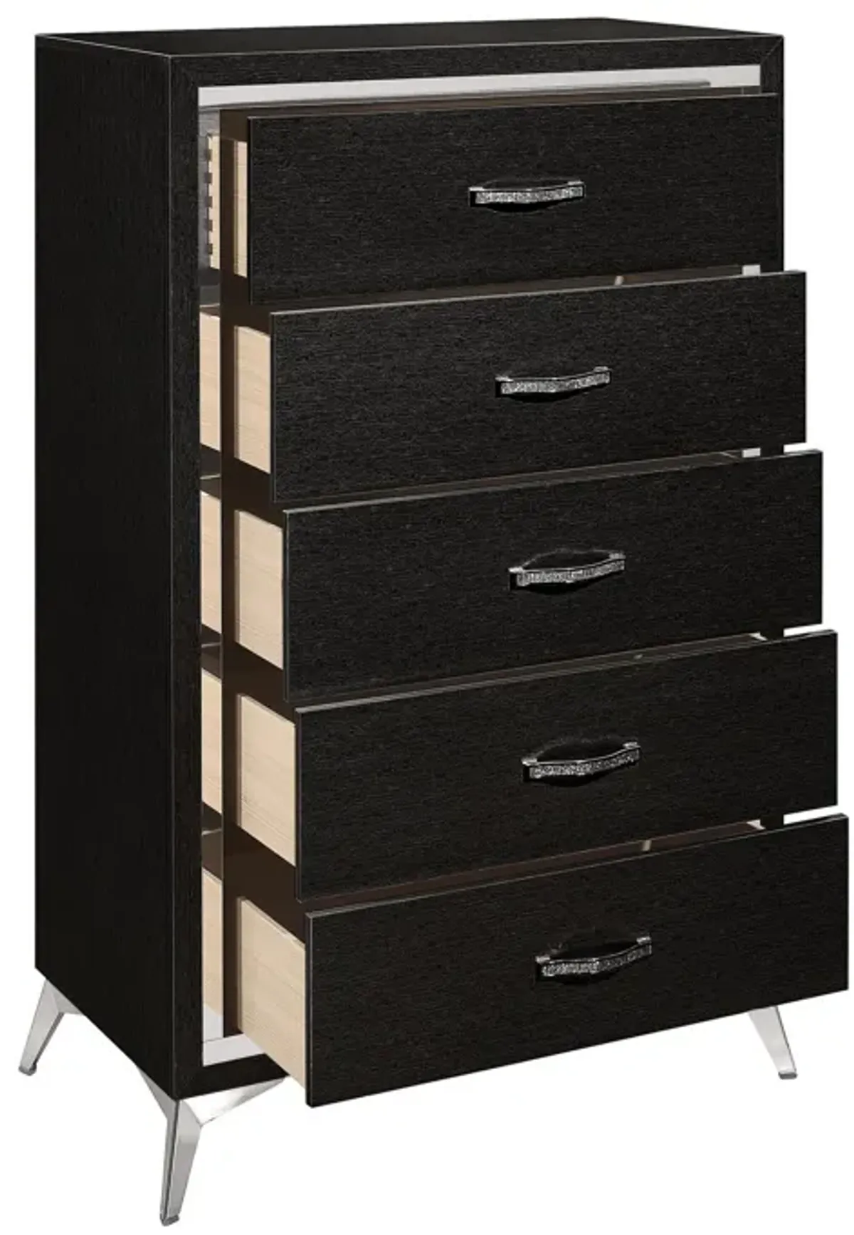 Sami 49 Inch Tall Dresser, 5 Drawers, Mirror Trim, Embossed Texture, Black - Benzara