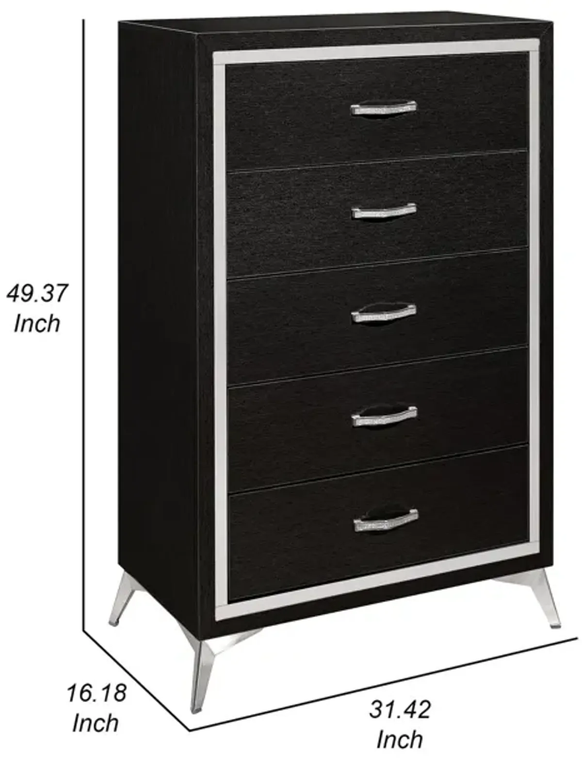 Sami 49 Inch Tall Dresser, 5 Drawers, Mirror Trim, Embossed Texture, Black - Benzara