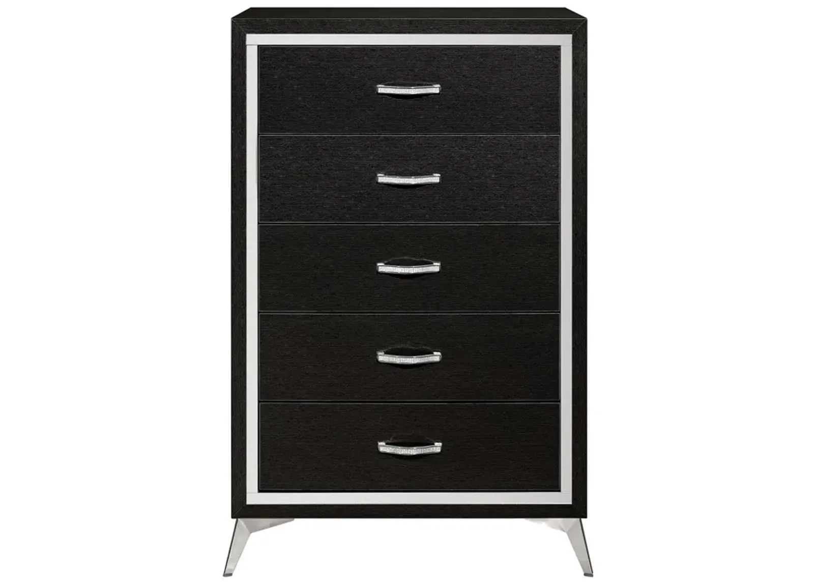 Sami 49 Inch Tall Dresser, 5 Drawers, Mirror Trim, Embossed Texture, Black - Benzara