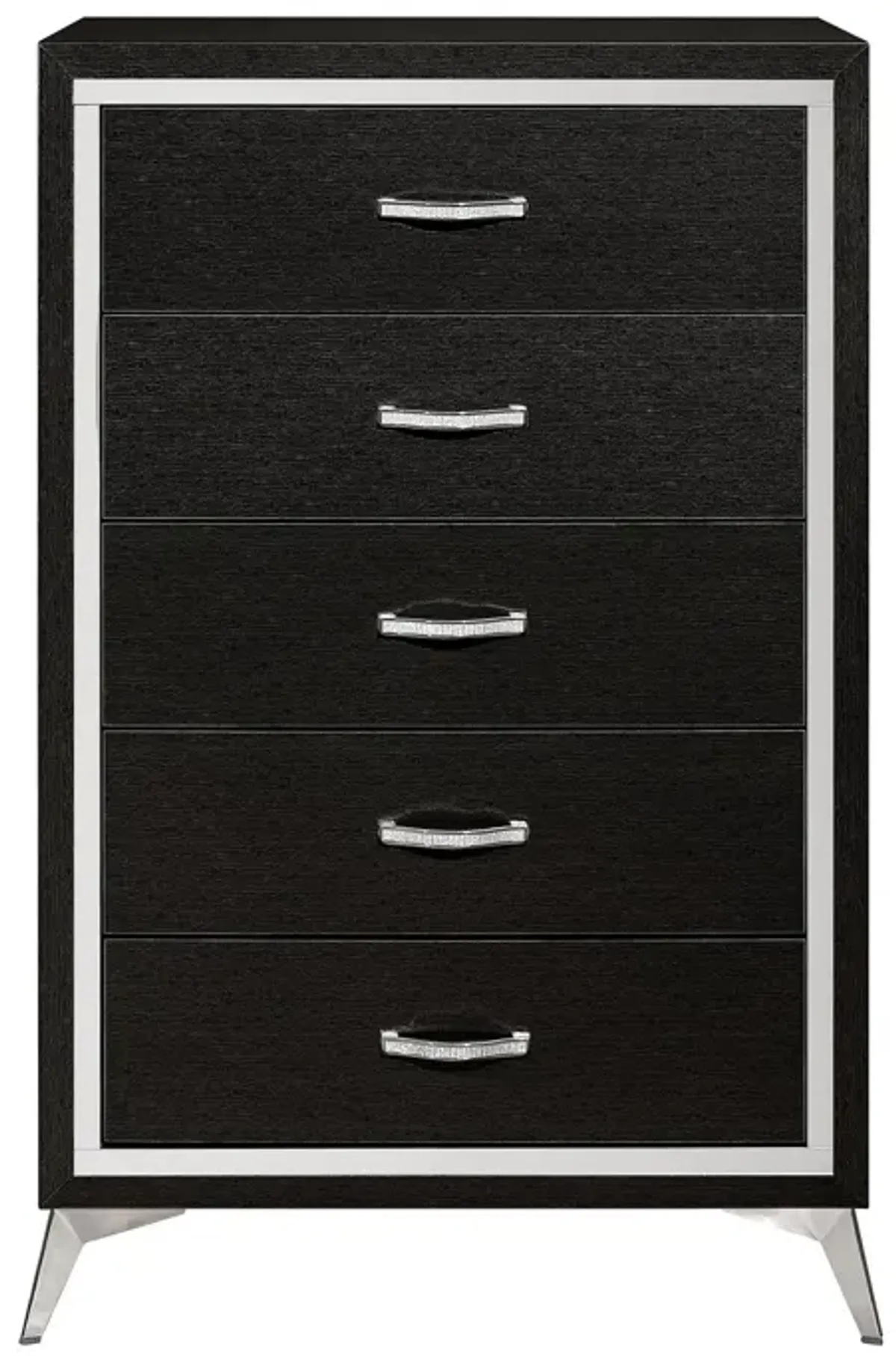 Sami 49 Inch Tall Dresser, 5 Drawers, Mirror Trim, Embossed Texture, Black - Benzara