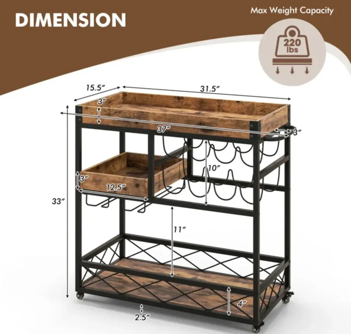 Hivvago 3-Tier Rolling Bar Cart with Removable Tray and Wine Rack-Rustic Brown