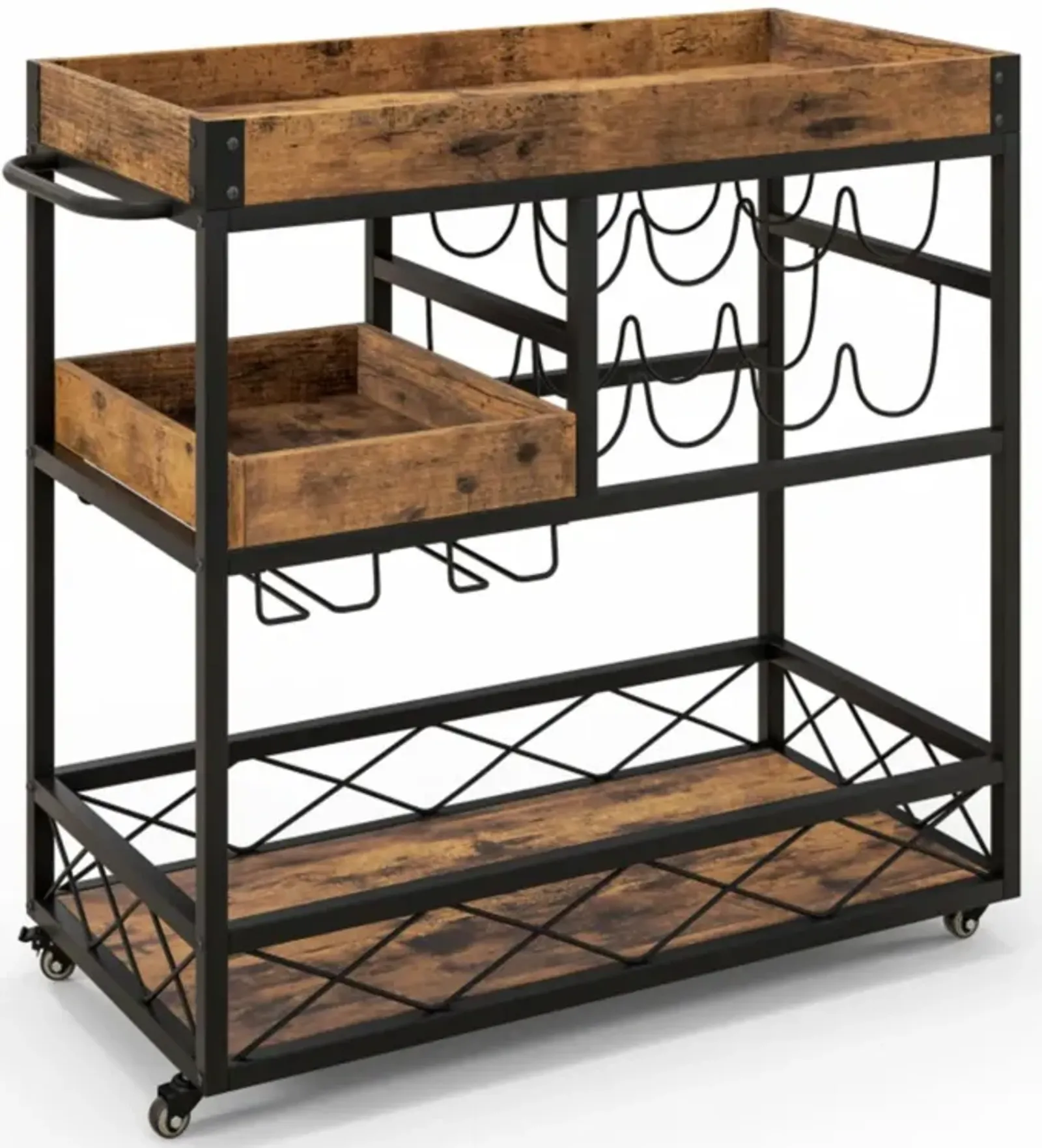 Hivvago 3-Tier Rolling Bar Cart with Removable Tray and Wine Rack-Rustic Brown