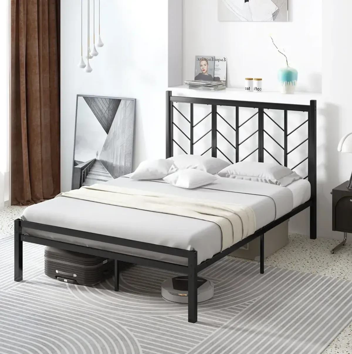 Metal Frame Platform Bed with Headboard, Sturdy and Stylish Design for Maximum Support and Comfort