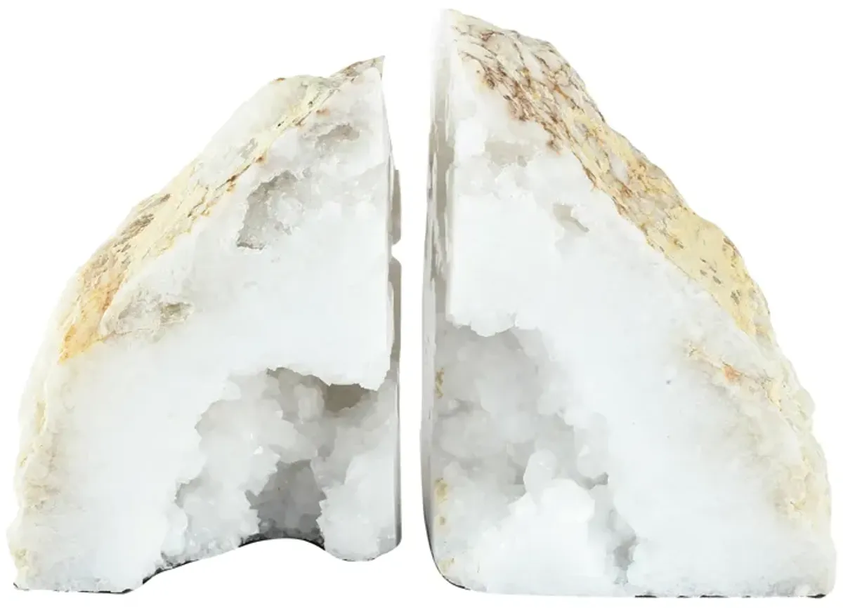 5 Inch Natural White Stone Bookends, Artisanal Textured Geode Rock-Benzara