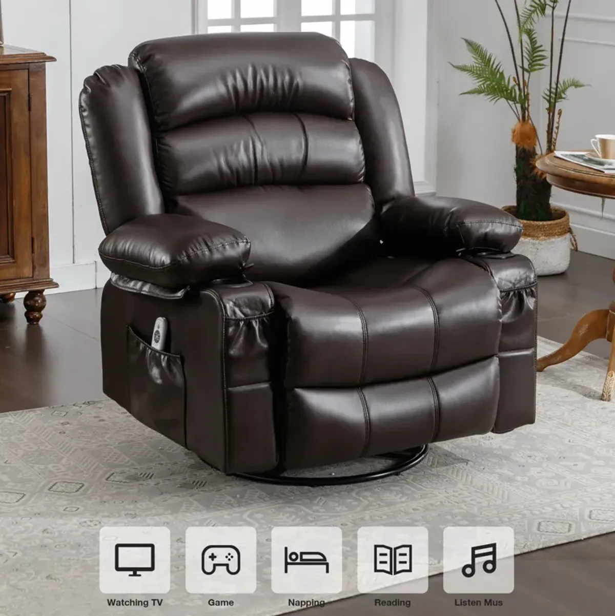 39.76 in. W Leather Recliner with Rocking, Remote Control, Tufted and Storage