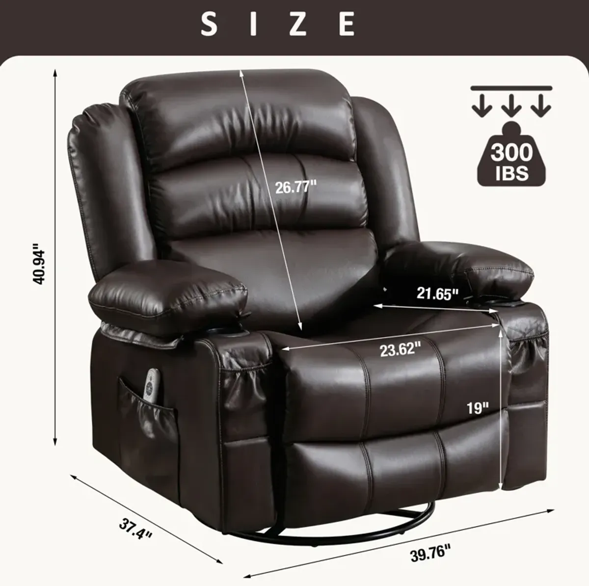 39.76 in. W Leather Recliner with Rocking, Remote Control, Tufted and Storage