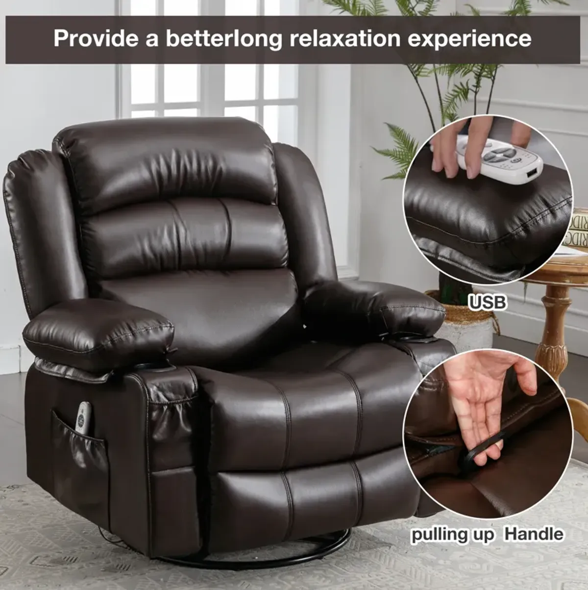 39.76 in. W Leather Recliner with Rocking, Remote Control, Tufted and Storage