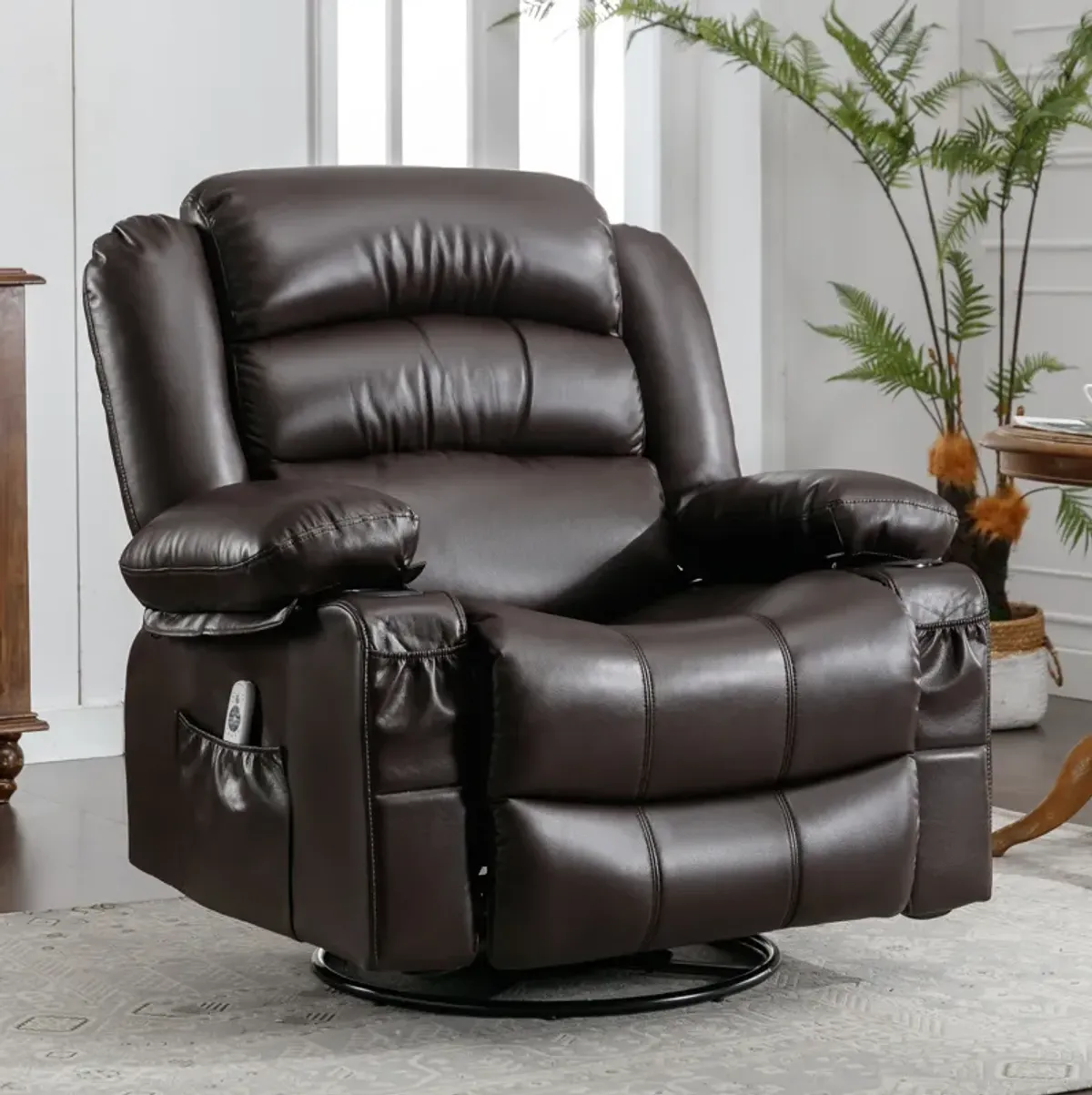 39.76 in. W Leather Recliner with Rocking, Remote Control, Tufted and Storage