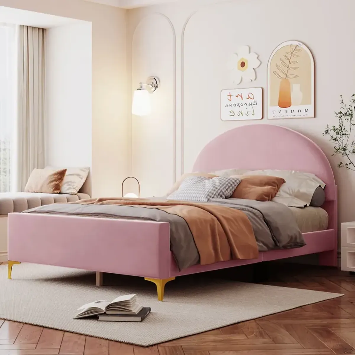 Full Size Upholstered Platform Bed with Classic Semicircle Shaped headboard and Mental Legs, Velvet, Pink