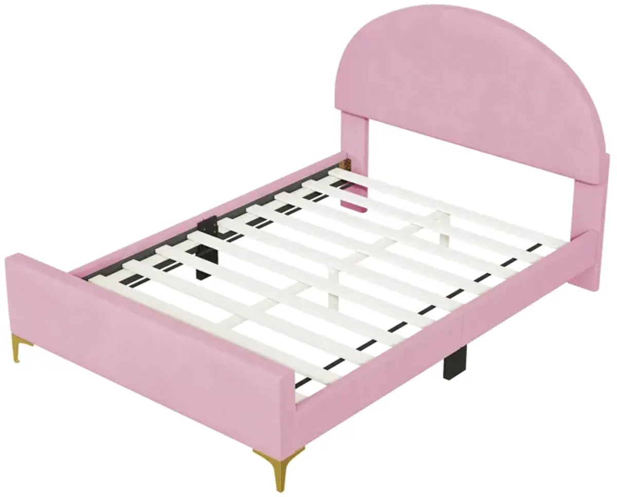 Full Size Upholstered Platform Bed with Classic Semicircle Shaped headboard and Mental Legs, Velvet, Pink