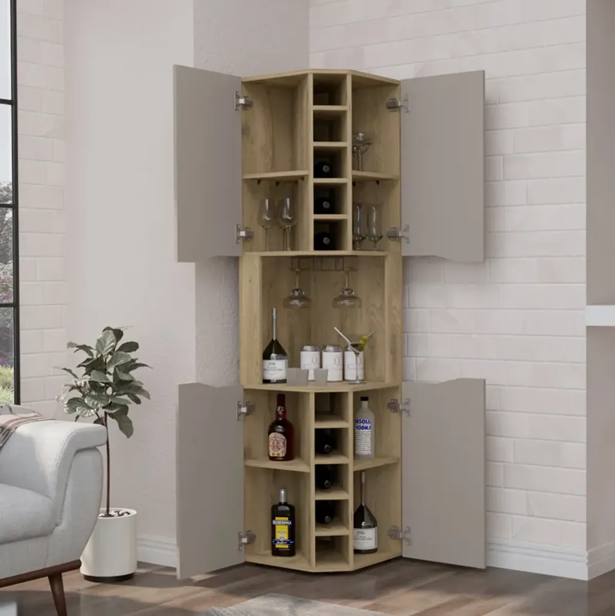 Obregon Corner Bar Cabinet, Ten Built-in Wine Rack, Single Door -Macadamia / Taupe