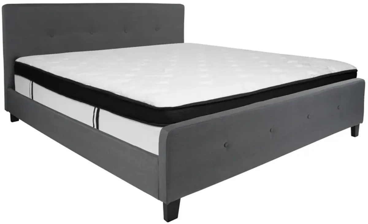 Tribeca King Size Tufted Upholstered Platform Bed in Dark Gray Fabric with Memory Foam Mattress