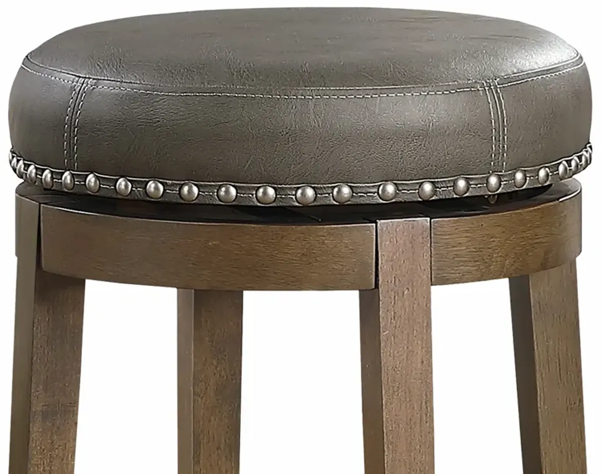 Bara 25 Inch Swivel Counter Stool Gray Round Faux Leather, Brown, Set of 2 - Benzara
