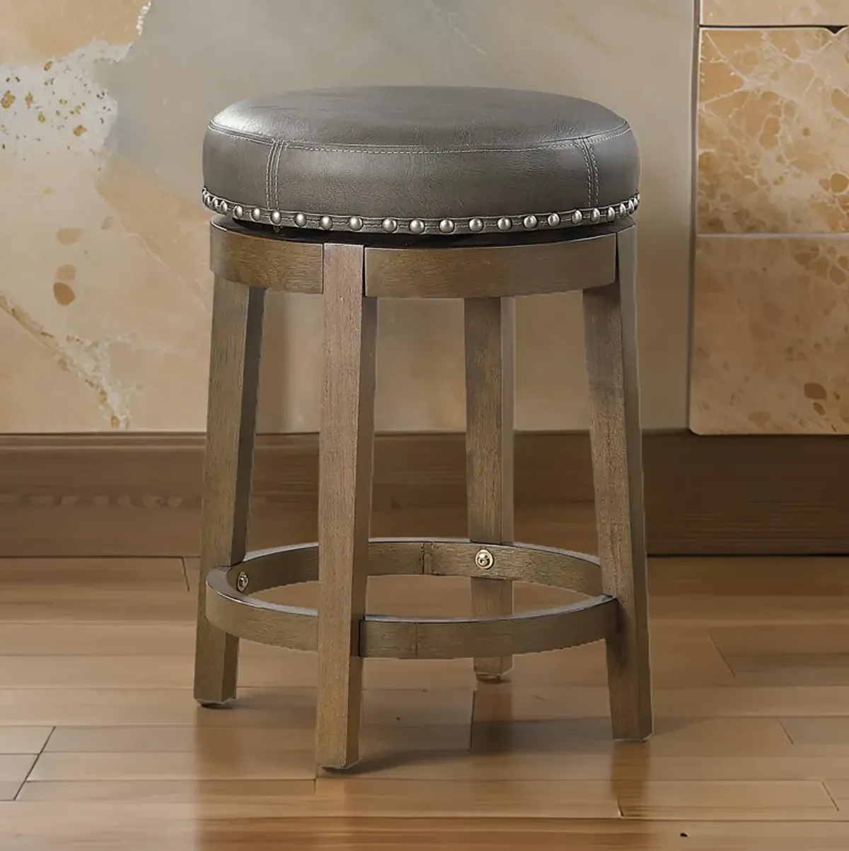 Bara 25 Inch Swivel Counter Stool Gray Round Faux Leather, Brown, Set of 2 - Benzara