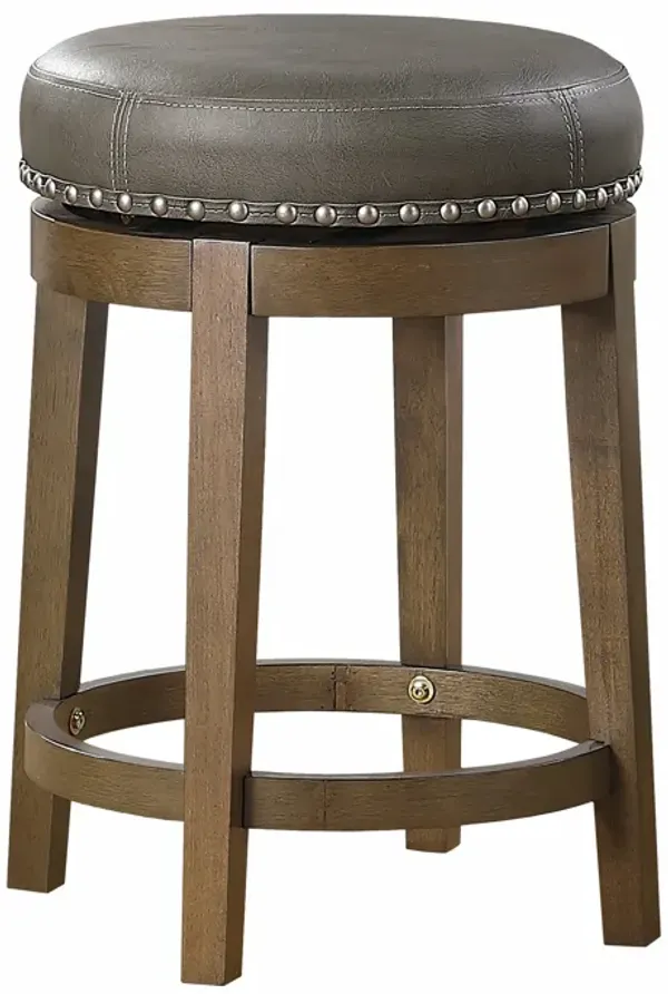 Bara 25 Inch Swivel Counter Stool Gray Round Faux Leather, Brown, Set of 2 - Benzara