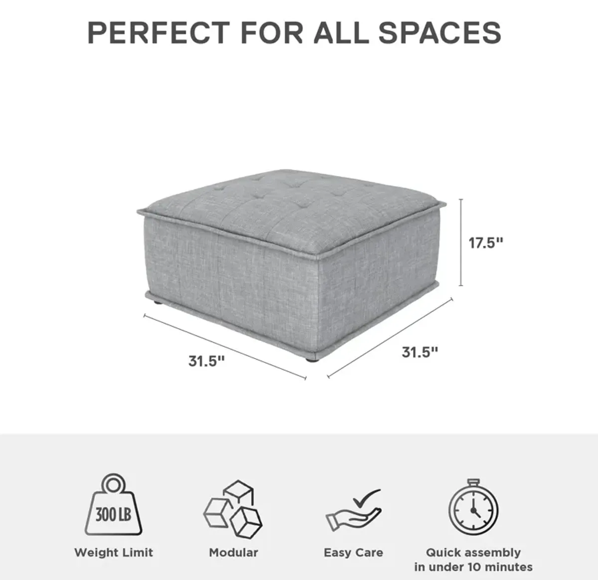 Amos Modular Ottoman for Sectional Sofa, Gray Linen