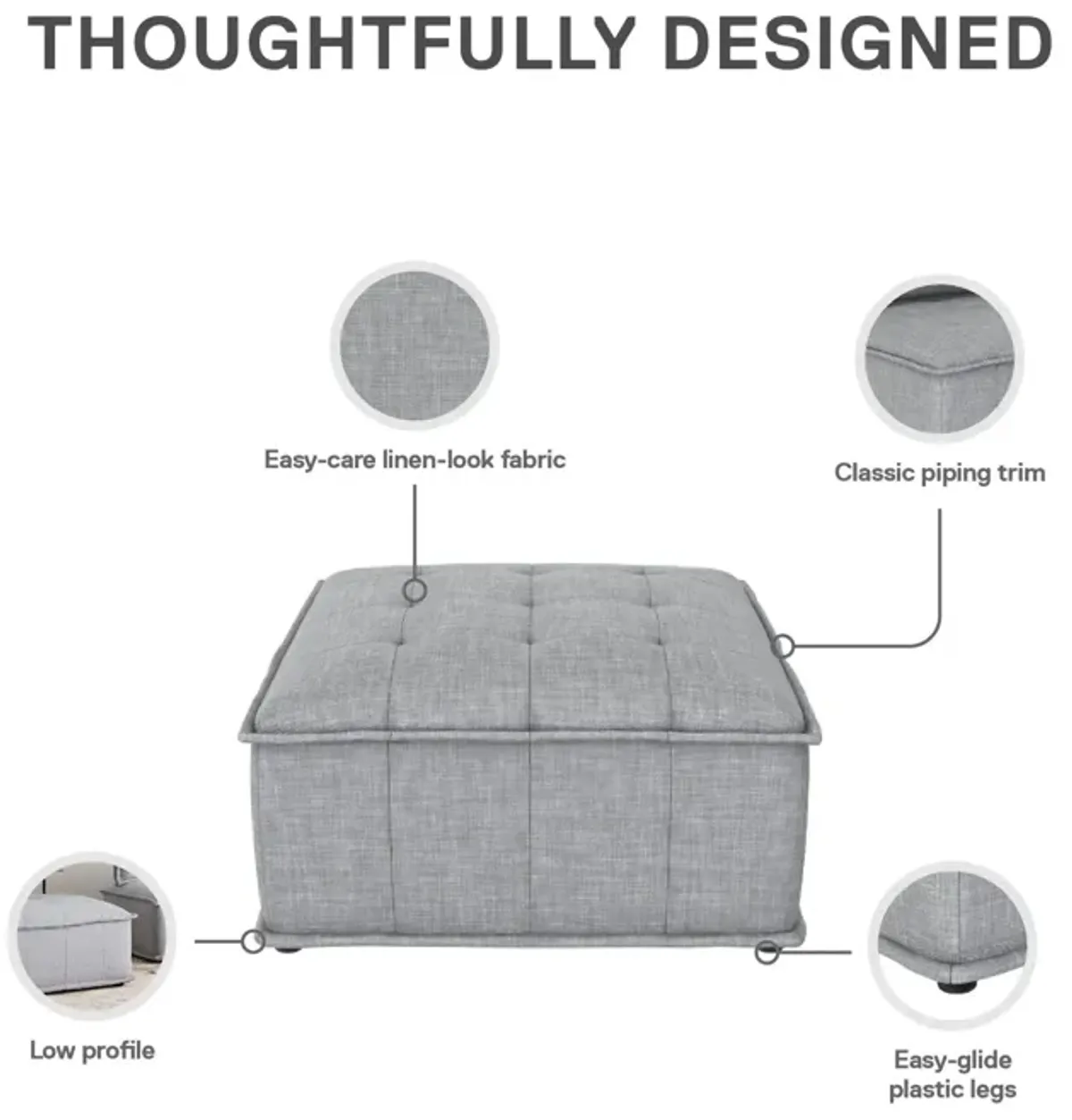 Amos Modular Ottoman for Sectional Sofa, Gray Linen