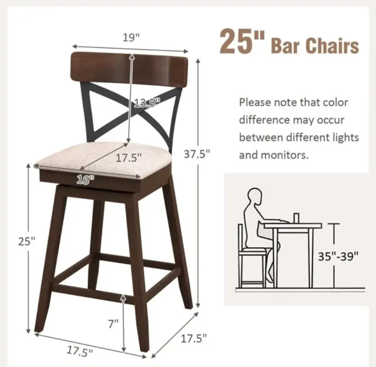 Hivvago Set of 2 Wooden Swivel Bar Stools with Cushioned Seat and Open X Back