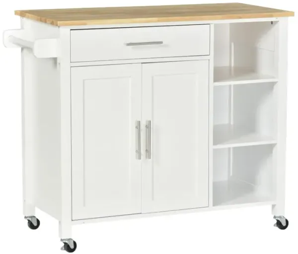 White Kitchen Helper: Rolling Island Cart with Towel Rail and Drawer